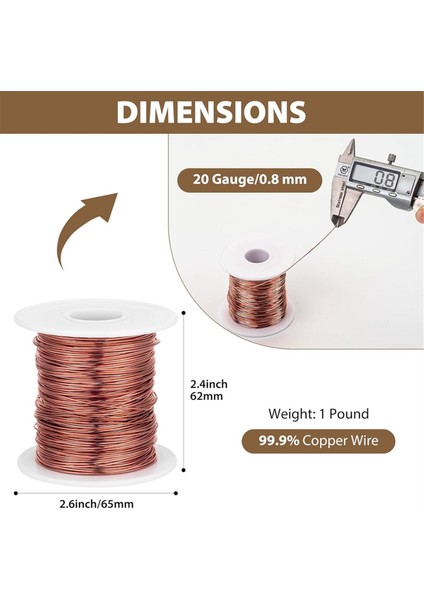 %99,9 Ölü Yumuşak Bakır Tel, 20 Kalibre/ 0,8 mm Çap, 328 Feet/ 100 M, 1 Pound Makaralı Saf Bakır Tel (Yurt Dışından)