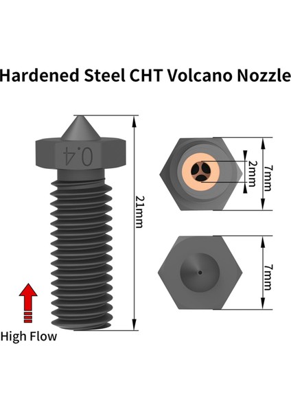 2 Adet Cht Volkan Nozulu Sertleştirilmiş Çelik, 0.4mm Yüksek Akış Volkan Hotend Ekstruder Nozulları (Yurt Dışından)