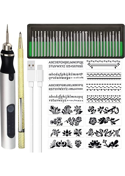 Şarj Edilebilir Akülü Mini Gravür Kalem Dıy Gravür Aracı Kiti Metal Cam Seramik Plastik Ahşap Takı Şablonlar B (Yurt Dışından)