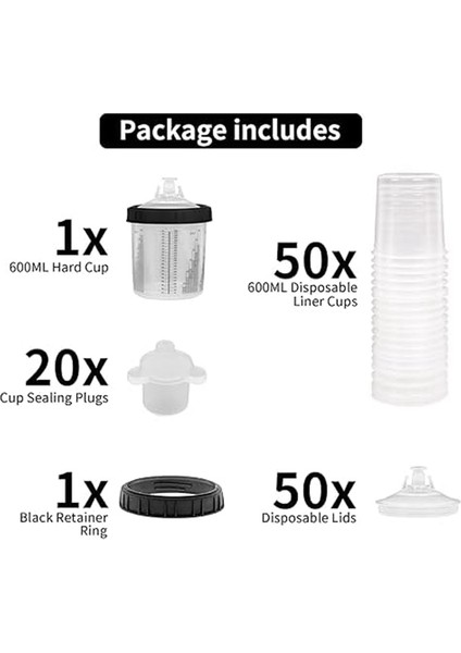 Tek Kullanımlık Püskürtme Tabancası Bardakları 20 Oz (600 Ml) Set 50 Astar 50 Kapak 1 Sert Kap 20 Arabalar Için Tespit Halkalı Tıpalar (Yurt Dışından)