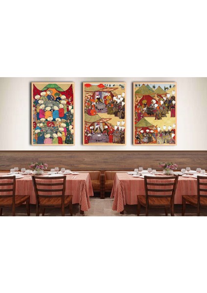 Osmanlı Panayır Minyatür 50 x 70 Çerçeveli Üçlü Pano Set