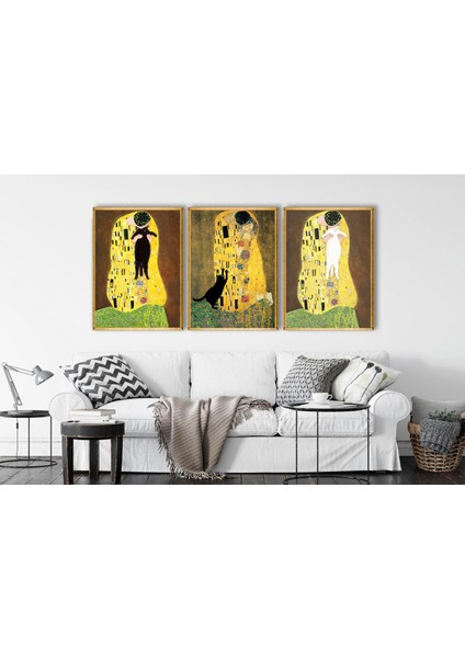 Öpücük ve Kediler 50 x 70 Çerçeveli Üçlü Pano Set