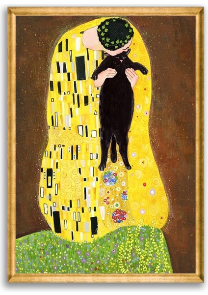 Öpücük ve Kediler 50 x 70 Çerçeveli Üçlü Pano Set