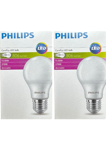 (2 Adet) Philips 8,5W (60W) 2700K (Sarı Işık) Dim Edilebilir E27 Duylu (Kalın Duy) led Ampul