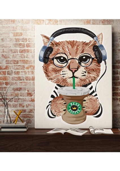 Gift Kahve Içen Kedi Tasarımlı Kanvas Tablo 70X100CM-1