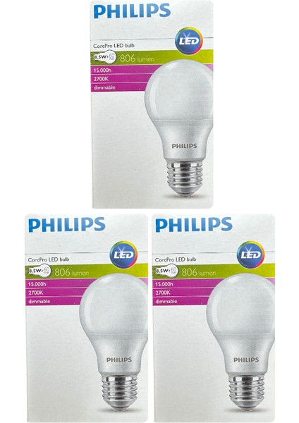 (3 Adet) Philips 8,5W (60W) 2700K (Sarı Işık) Dim Edilebilir E27 Duylu (Kalın Duy) led Ampul
