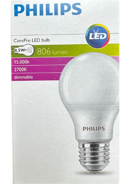 8,5W (60W) 2700K (Sarı Işık) Dim Edilebilir E27 Duylu (Kalın Duy) led Ampul