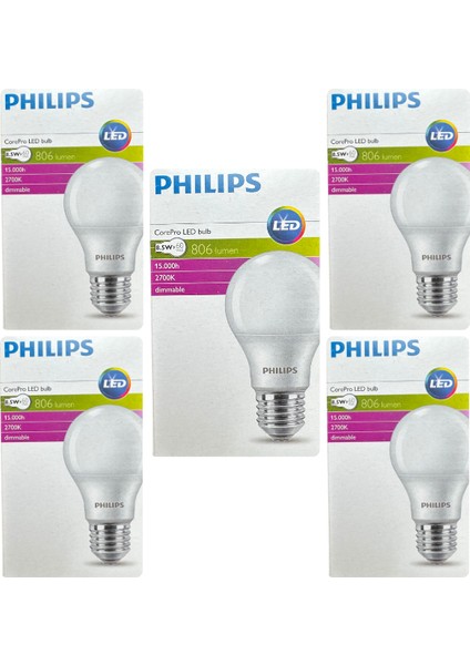 (5 Adet) Philips 8,5W (60W) 2700K (Sarı Işık) Dim Edilebilir E27 Duylu (Kalın Duy) led Ampul