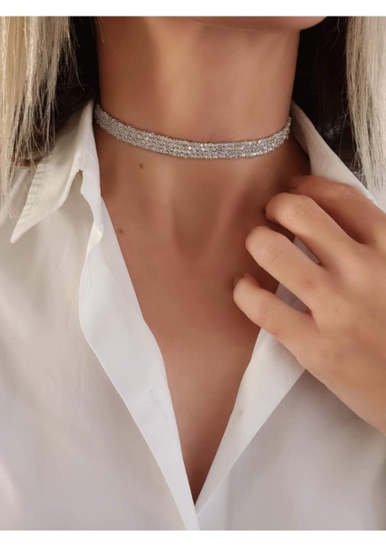 Kordon Zincir Örme El Yapımı Chooker Tasma Silver Renk Kolye