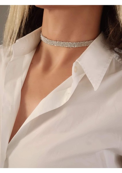 Kordon Zincir Örme El Yapımı Chooker Tasma Silver Renk Kolye