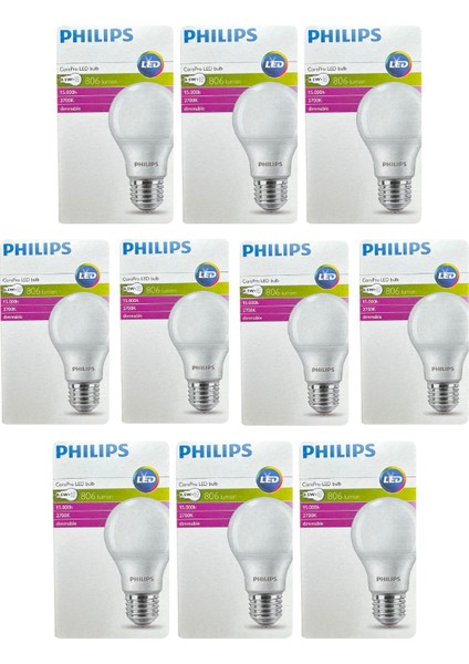(10 Adet) Philips 8,5W (60W) 2700K (Sarı Işık) Dim Edilebilir E27 Duylu (Kalın Duy) led Ampul