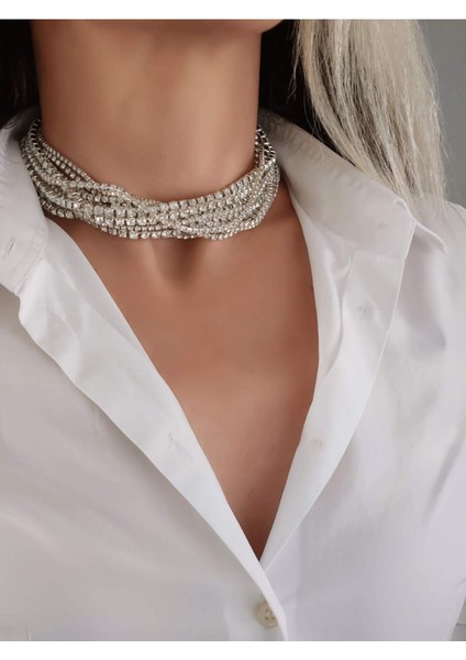 Gümüş Kaplama Taşlı Çoklu Görünümlü Choker Tasma Kolye