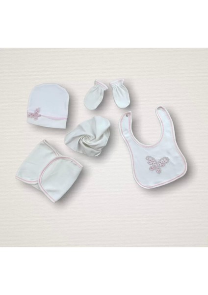 Uçan Kelebekler Nakışlı %100 Cotton Antibakteriyel 10LU Zıbın Takımı Hastane Çıkışı Pembe