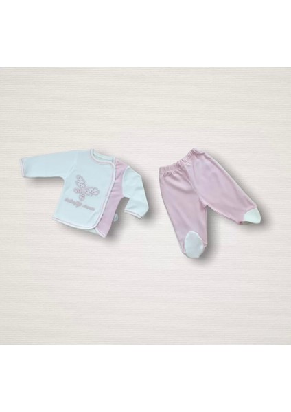 Uçan Kelebekler Nakışlı %100 Cotton Antibakteriyel 10LU Zıbın Takımı Hastane Çıkışı Pembe