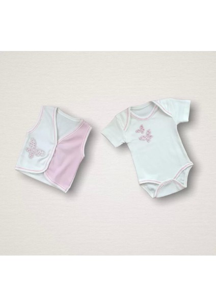 Uçan Kelebekler Nakışlı %100 Cotton Antibakteriyel 10LU Zıbın Takımı Hastane Çıkışı Pembe