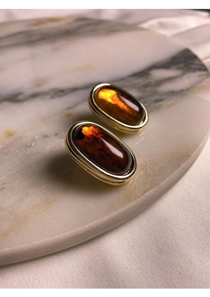 Oval Gold Çerçeveli,Renkli Akrilikli Küpe