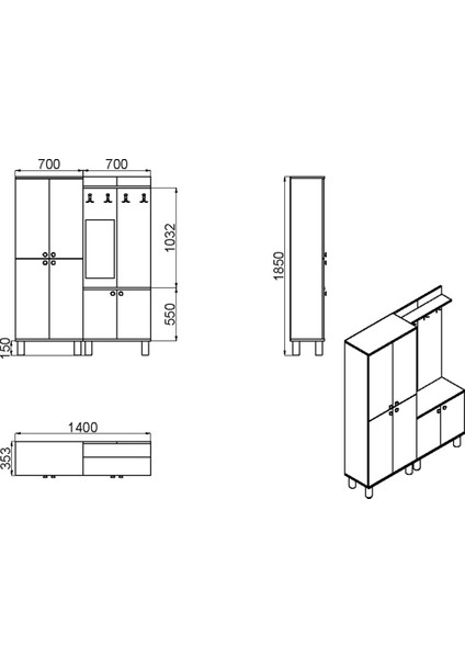 Ferda-1-3 Bohem Ayaklı Aynalı Vestiyer Portmanto Ayakkabılık FRD01