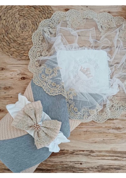Yenidoğan Teri Cotton Taç Nakışlı Prizma Taş Kundak Bebek Battaniyesi Bej
