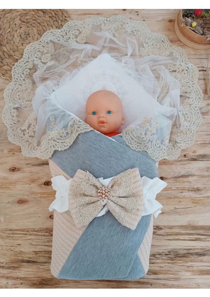 Yenidoğan Teri Cotton Taç Nakışlı Prizma Taş Kundak Bebek Battaniyesi Bej