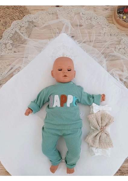 Yenidoğan Teri Cotton Taç Nakışlı Prizma Taş Kundak Bebek Battaniyesi Bej