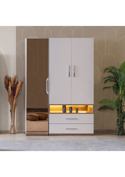 Gardırop, Milano 3 Kapaklı Çekmeceli, Aynalı Dolap
