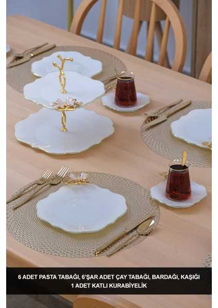 Dolmabahçe Lotus Krem Altın Yaldızlı 6 Kişilik 25 Parça Pasta Takımı