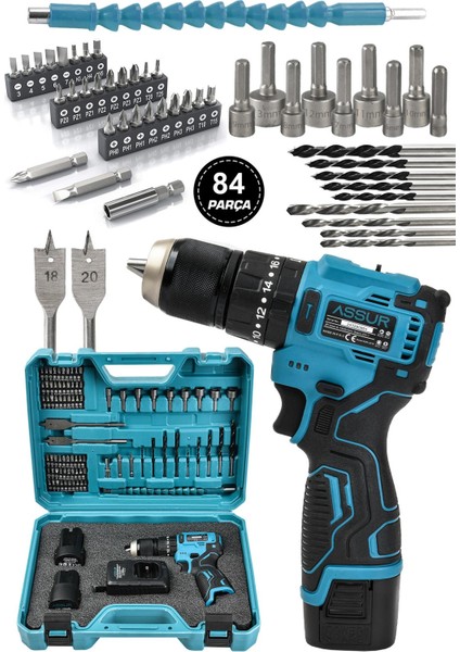 12V 13mm Çelik Mandrenli Şarjlı Matkap Akülü Vidalama 84 Parça