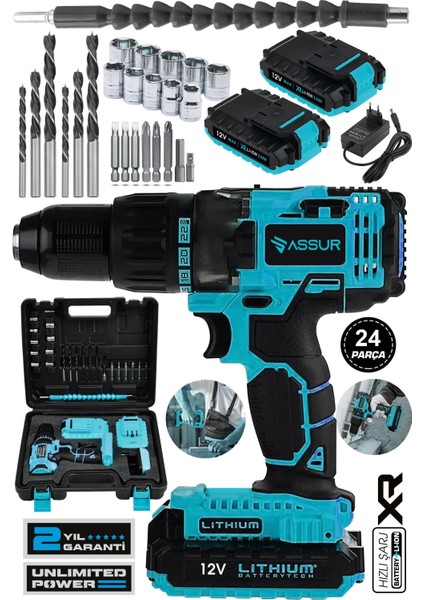 12V 1.5AH Metal Şanzıman Çift Akülü Bakır Sargı 24 Parça Şarjlı Matkap Akülü Vidalama