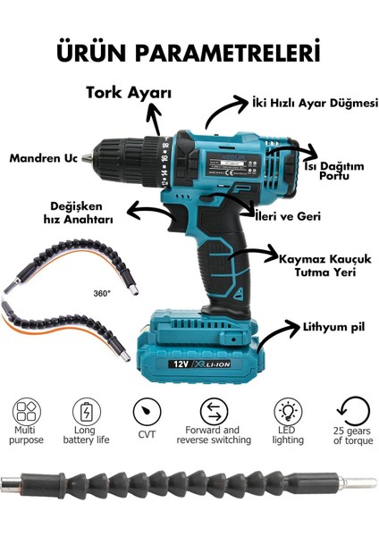 12V 1.5AH Metal Şanzıman Çift Akülü Bakır Sargı 24 Parça Şarjlı Matkap Akülü Vidalama