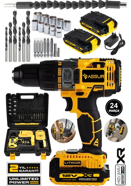 12V 1.5AH Metal Şanzıman Çift Akülü Bakır Sargı 24 Parça Şarjlı Matkap Akülü Vidalama