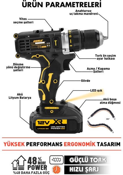 12V Çift Akülü Vidalama Metal Şanzıman Bakır Sargılı Şarjlı Matkap