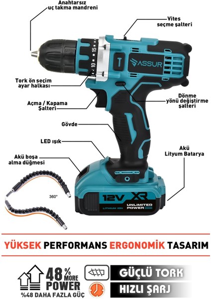 12V Çift Akülü Vidalama Metal Şanzıman Şarjlı Matkap fiyatları