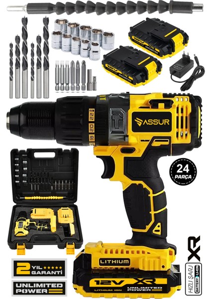 12V Metal Şanzıman Çift Akülü Şarjlı Darbeli Matkap 24 Parça Akülü Vidalama