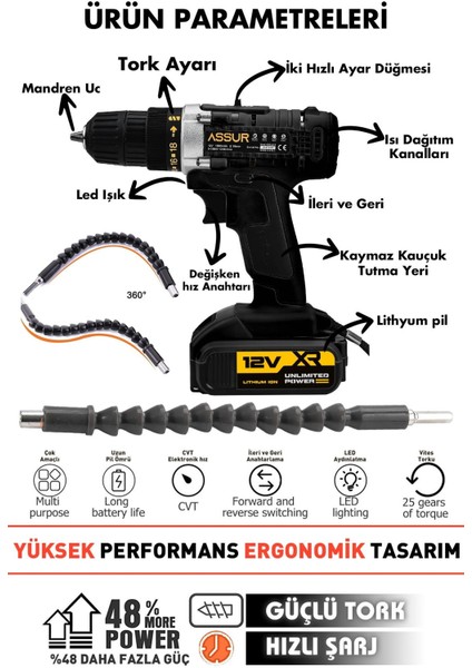 12V Çelik Şanzıman Bakır Sargılı Çift Akülü Şarjlı Matkap Vidalama