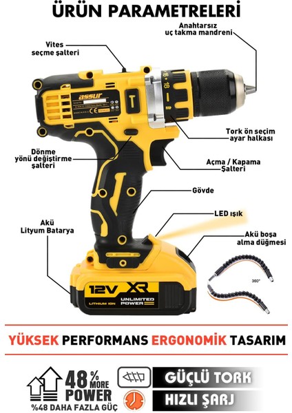 12V Çift Akülü Vidalama Metal Şanzıman Şarjlı Matkap fiyatları