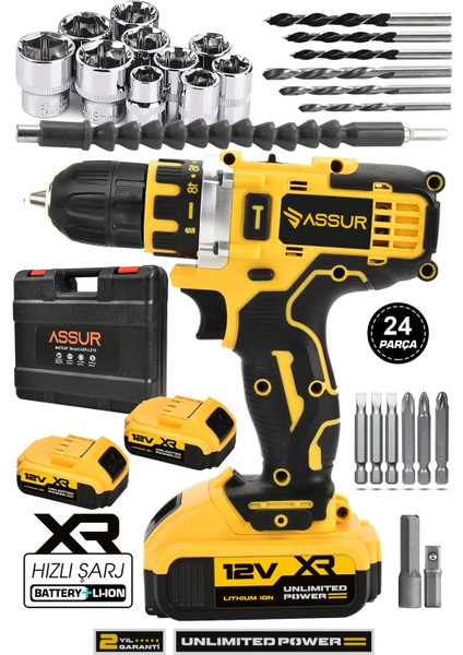 12V Çift Akülü Vidalama Metal Şanzıman Şarjlı Matkap