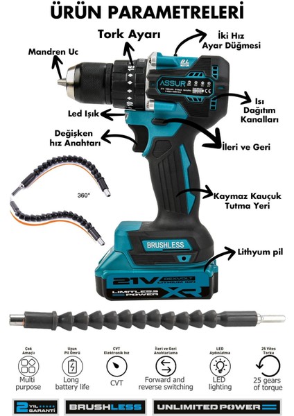 21V Çift Akü Kömürsüz Motor Çelik Mandren Darbeli Akülü Vidalama Şarjlı Matkap