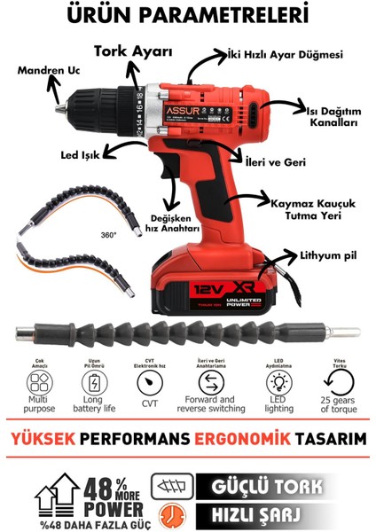 12V Çelik Şanzıman Bakır Sargılı Çift Akülü Şarjlı Matkap Vidalama