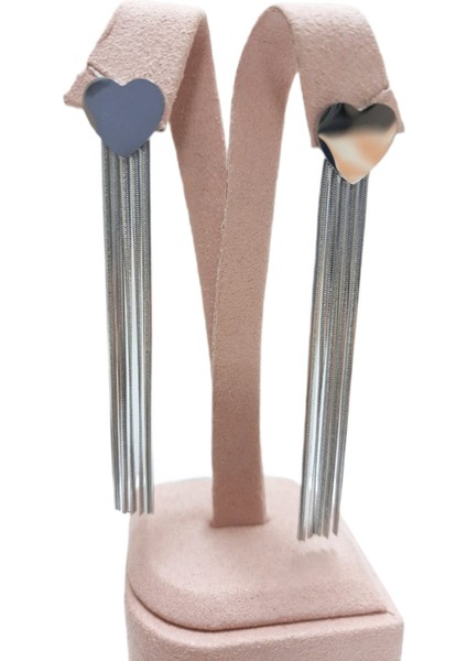 Çelik Küpe Kalp Figürlü 7 cm Sallantılı Beş Italyan Ezme Zincir Gümüş Silver