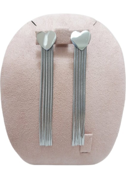 Çelik Küpe Kalp Figürlü 7 cm Sallantılı Beş Italyan Ezme Zincir Gümüş Silver