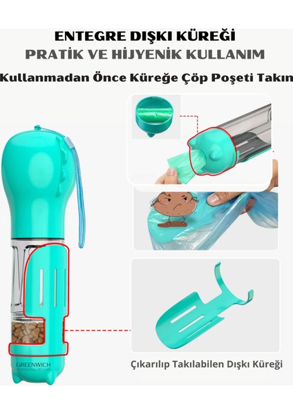 4'ü 1 Arada Taşınabilir Seyehat Seti, Mama ve Su Kabı, Kaka Küreği ve Poşeti, Kedi Köpek, 300 ml