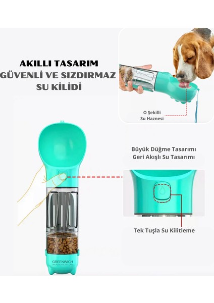 4'ü 1 Arada Taşınabilir Seyehat Seti, Mama ve Su Kabı, Kaka Küreği ve Poşeti, Kedi Köpek, 300 ml
