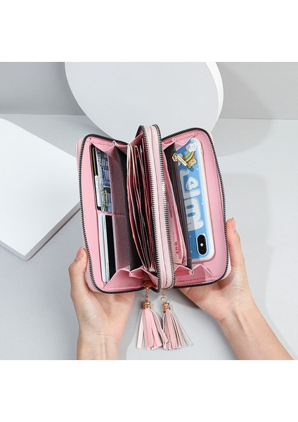 Bayanlar Uzun Cüzdan Çift Fermuarlı Clutch Öğrenci Bilek Kayışı Çift Katmanlı Büyük Kapasiteli Cep Telefonu (Yurt Dışından)