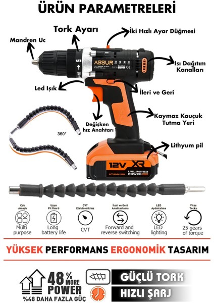 12V Çelik Şanzıman Bakır Sargılı Çift Akülü Şarjlı Matkap Vidalama fiyatları