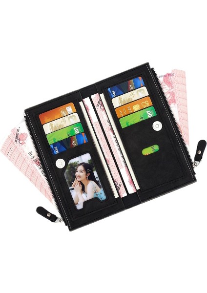 Moda Dikiş Erkek Uzun Cüzdan Yan Fermuar Menteşeli Deliz Kimlik Çantası Çoklu Kart Yuvası Manyetik Toka Çantası (Yurt Dışından)