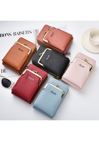 Cep Telefonu Çantası Kadın Basit Cüzdan Çift Fermuarlı Çanta Lychee Desen Tek Omuz Crossbody Çanta Kadın (Yurt Dışından) modelleri