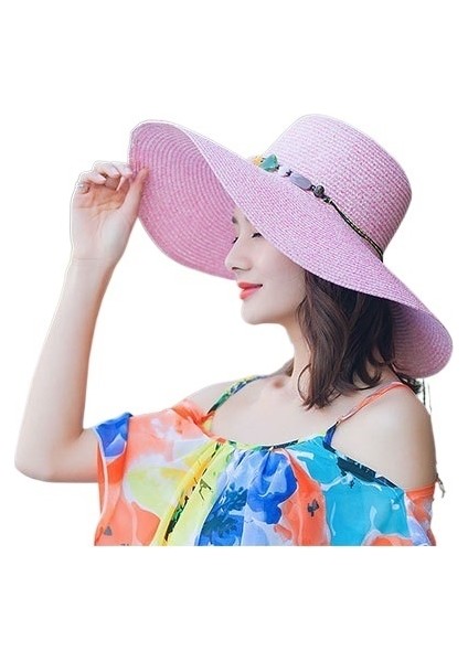 Şapka Kore Versiyonu Yaz Bayanlar Sahil Açık Plaj Güneş Şapkası Büyük Saçak Düz Kenar Düz Renk Güneş Koruyucu Güneşlik Hasır Şapka (Yurt Dışından)