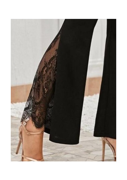 Dantel Eklemeli Ispanyol Paça Scuba Tayt Pantalon