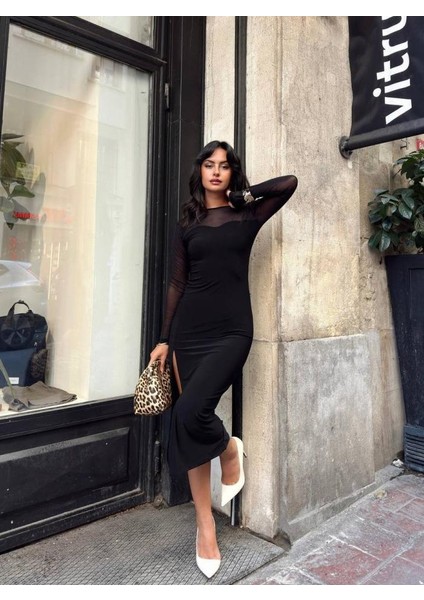 Dalgıç Kumaş Tül ve Taş Aksesuarlı Kolları Tüylü Mini Boy Elbise modelleri