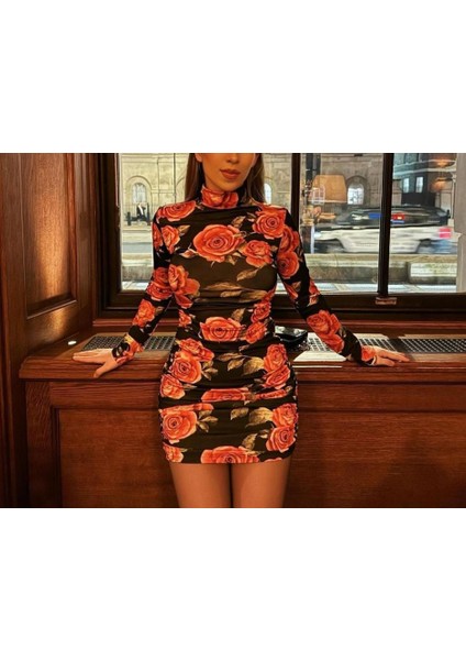 Balıkçı Yaka Gül Baskılı Fırsat Ürün Mini Elbise